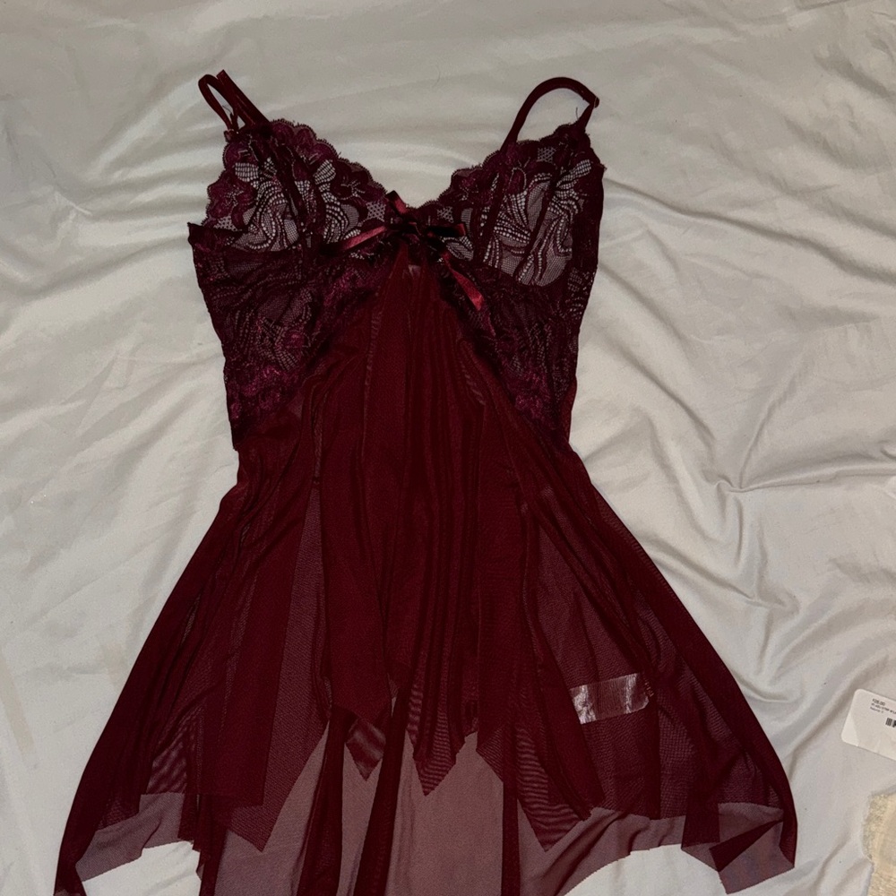 Sheer Lace Chemise Nightdress in Deep Burgundy